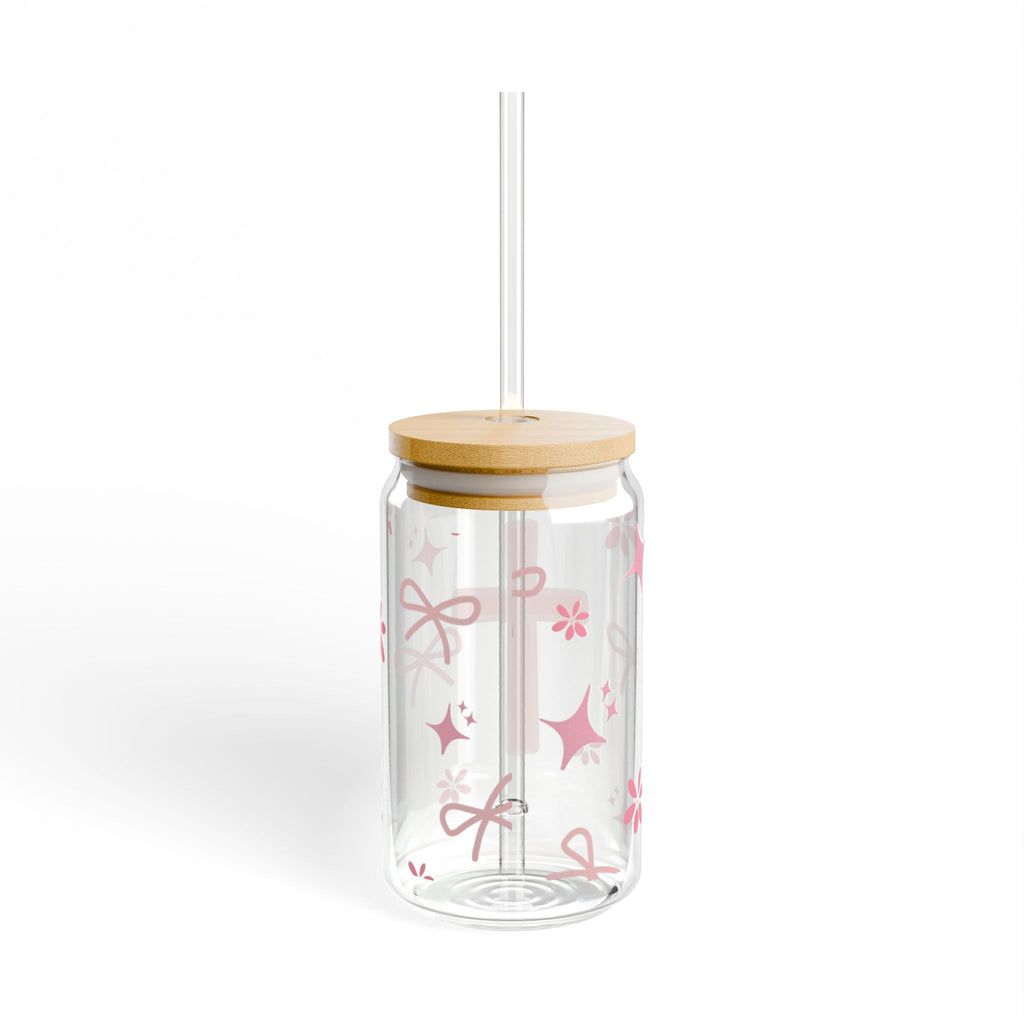 16oz Pink Cross Sipper Glass — Clear Mason Jar Tumbler with Straw
