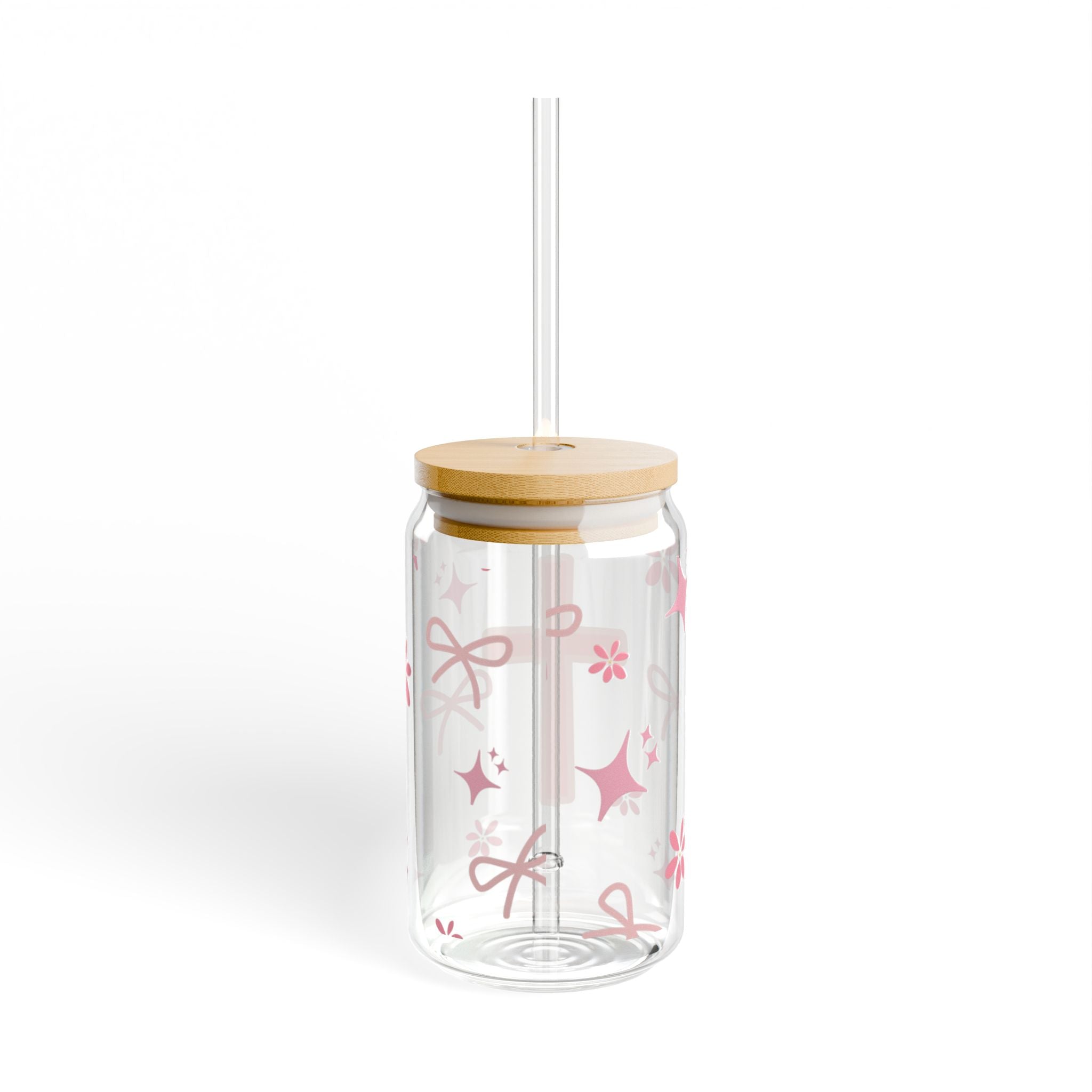 16oz Pink Cross Sipper Glass — Clear Mason Jar Tumbler with Straw