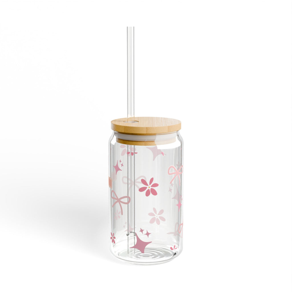 16oz Pink Cross Sipper Glass — Clear Mason Jar Tumbler with Straw