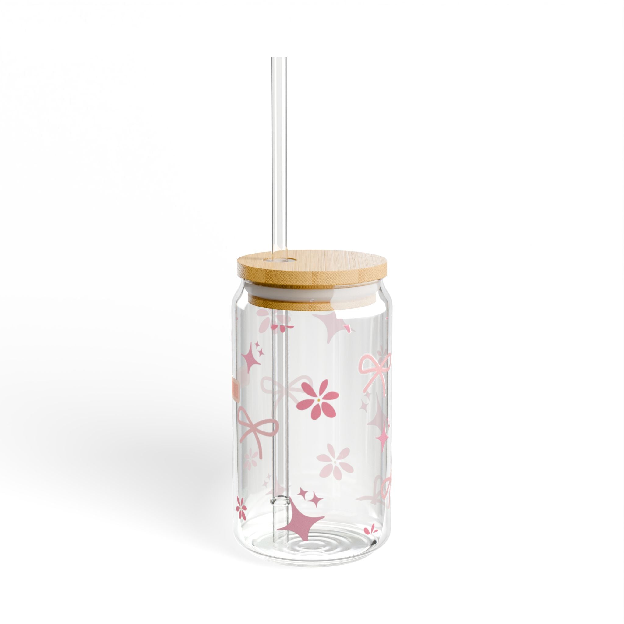 16oz Pink Cross Sipper Glass — Clear Mason Jar Tumbler with Straw