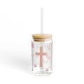 16oz Pink Cross Sipper Glass — Clear Mason Jar Tumbler with Straw