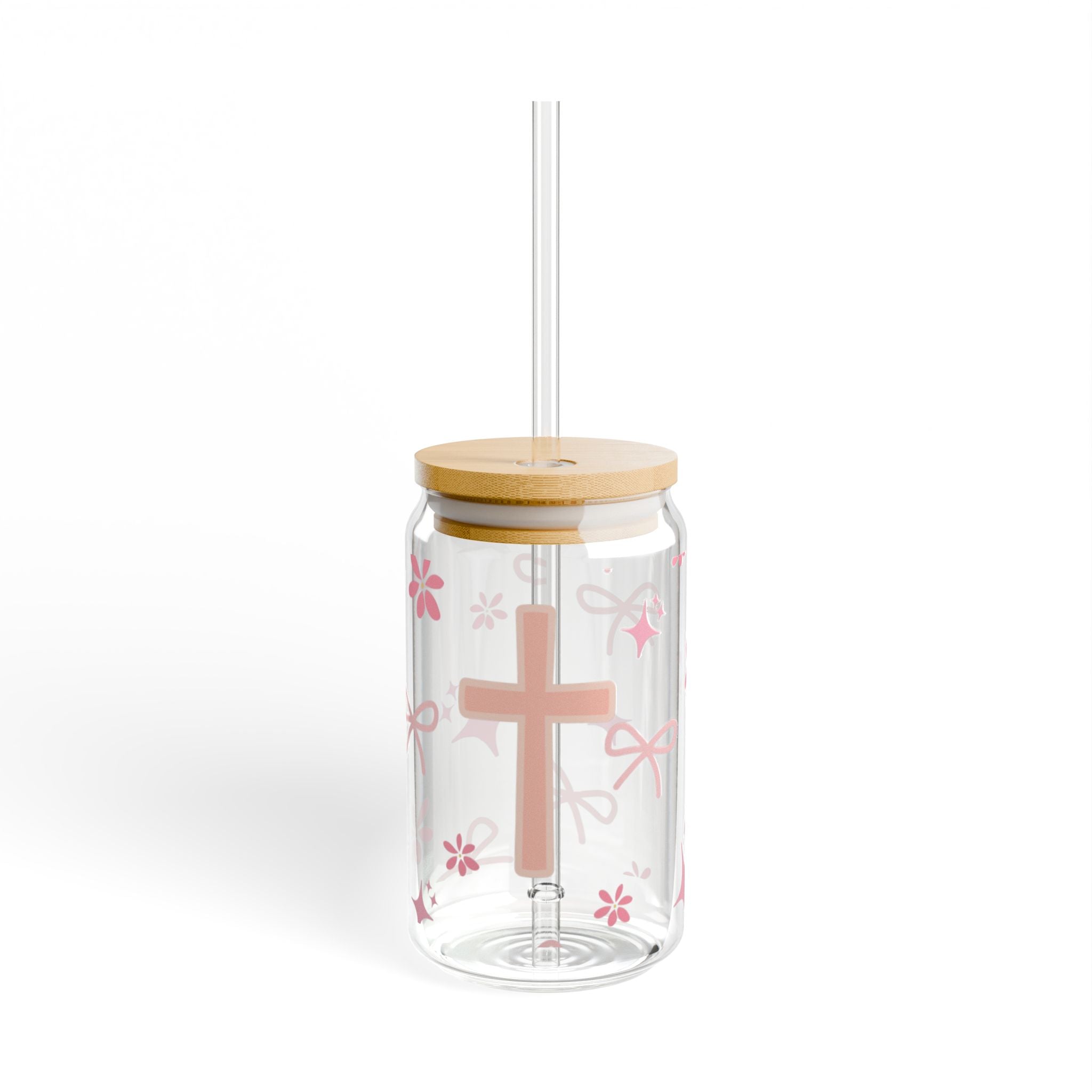 16oz Pink Cross Sipper Glass — Clear Mason Jar Tumbler with Straw