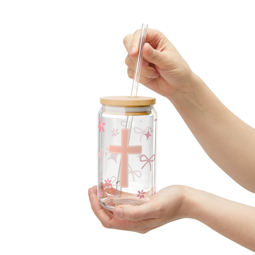 16oz Pink Cross Sipper Glass — Clear Mason Jar Tumbler with Straw